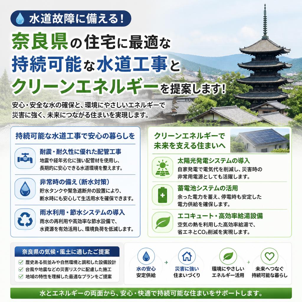水道故障に備える！奈良県の住宅に最適な持続可能な水道工事とクリーンエネルギーを提案します！